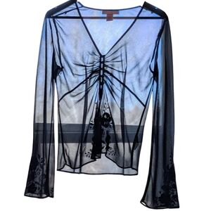 Bandolino Sheer Black Embroidered Top Size 10 Whimsigoth Bohemian Y2k